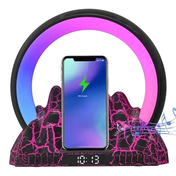 Настольная лампа ночник с беспроводной зарядкой светодиодная RGB аккумуляторный белый AD-2272 с колонкой и будильником