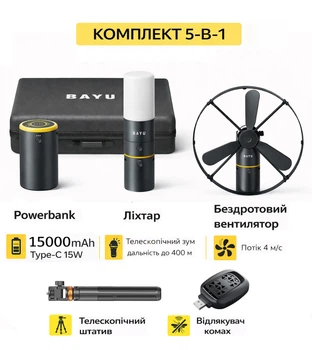 Акумуляторний smart-комплект для кемпінгу 5-в-1: powerbank 15000 mAh, LED-ліхтар, вентилятор, штатив, відлякувач