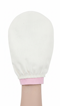 Рукавичка для пілінгу 100% натуральний шовк Tussah біла з рожевим