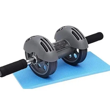 Тренажер гимнастический ролик для живота, ног и плеч, Power Stretch Rolle 16 см, с автовозратом и ковриком, серый