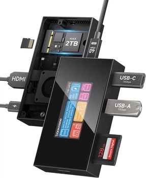 Док-станция DOCKASE Smart USB-C Hub 7-в-1 с SSD-корпусом M.2, SD и microSD UHS-II 312 МБ/с, NVMe M.2 2230/2242 10 Гбит/с 2 ТБ, PD 100 Вт, HDMI 2.1 8K30Hz/4K60/120, сенсорный экран 1,90 дюйма и турбовентилятор (кабель 40 Гбит/с). Черный глянцевый