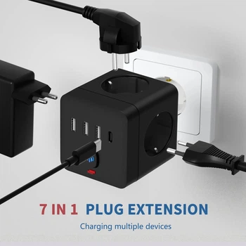 Сетевой Фильтр Тройник 7в1 с быстрой зарядкой 3 розетки/3 USB/1TYPE-C