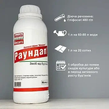 Раундап 1л, гербицид, изопропиламинная соль глифосата, 480 г/л.