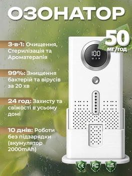 Очищувач повітря акумуляторний автоматичний озонатор побутовий домашній компактний повітроочисник озонування очищення та іонізація для кімнати в квартиру іозонатор повітря портативний в машину для дому
