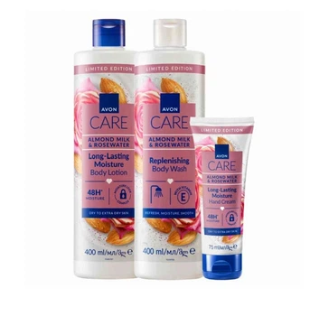 Набор для тела 3-в-1 Avon Care Almond Milk & Rosewater с миндальным молочком и розовой водой: Лосьон для тела 400 мл + Восстанавливающий гель для душа 400 мл + Крем для рук 75 мл