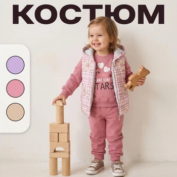 Детский костюм-тройка с жилеткой для девочки 9 мес 74 см розовый