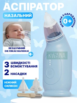 Детский назальный аспиратор электронный 3в1, соплеотсос для носа с USB-C, 3 режима всасывания, 2 насадки, пинцет, голубой