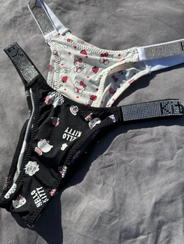 Набор женских трусиков со стразами черные и белые Хеллоу Китти Victoria Secret Hello Kitty S/M