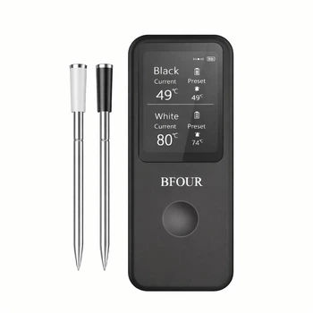 BFOUR Беспроводной термометр для мяса с 2 щупами, Bluetooth термометр для гриля и духовки, смарт-термометр с управлением через приложение, черный