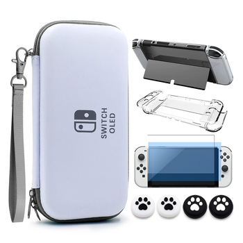 Защитный набор для Nintendo Switch OLED: кейс + прозрачный чехол + пленка + накладки (4 шт.) (Gray)