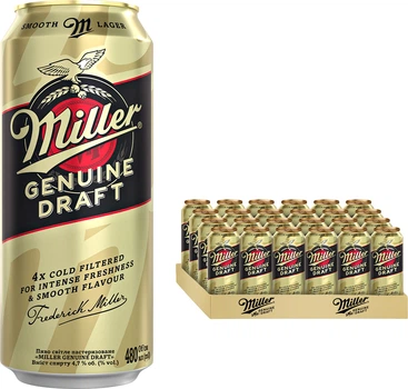 Упаковка пива Miller Genuine Draft світле фільтроване 4.7% 0.48 л х 24 шт (4820250942785)