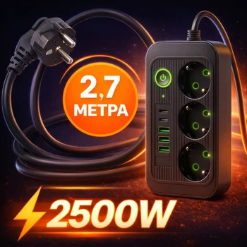 Сетевой фильтр-удлинитель MLT HP-5-20 2.7 м на 3 розетки с 6 USB портами и защитой 2500W Черный