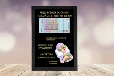 Денежный постер "Если все пойдет не по плану" с отпечатанными купюрами формат А4 в черной рамке