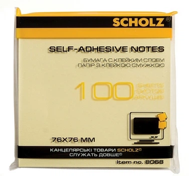 Стікер клейкий SCHOLZ 76х76мм 100арк. жовтий 8068 (02041393)