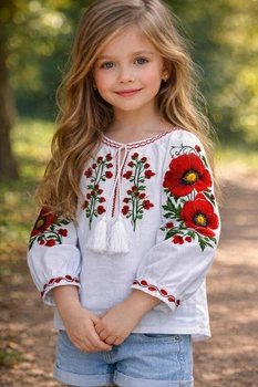 Вишиванка лляна для дівчинки "Маки"128 см біла (02ROK)