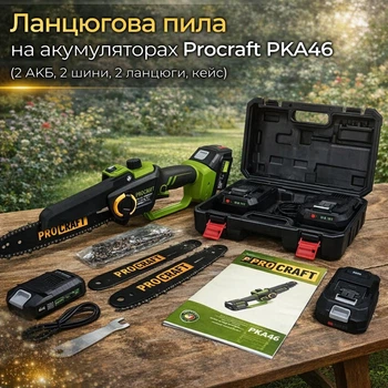 Ланцюгова пила на акумуляторах Procraft PKA46 (2 АКБ, 2 шини, 2 ланцюги, кейс)