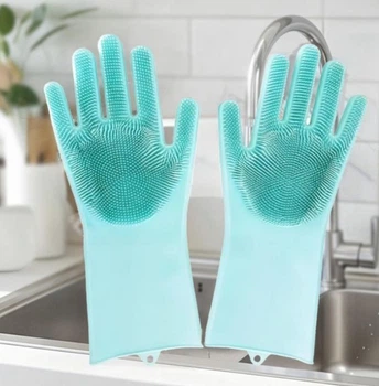 Силиконовые перчатки Magic Silicone Gloves Pink для уборки чистки мытья посуды для дома. Цвет: бирюзовый