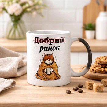 Чашка хамелеон З БЛИСТКАМИ та написом "Добрий ранок"