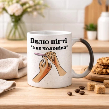 Чашка хамелеон З БЛИСТКАМИ та написом "Пилю нігті, а не чоловіка"
