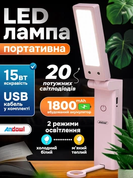 Лампа led аккумуляторная настольная 15w беспроводная светодиодная Andowl Q-LED103X1 светильник трансформер портативный с аккумулятором 1800 mah и зарядкой usb type c регулировка угла наклона тёплый белый свет лампы лед на аккумуляторе розовый