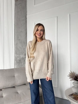 Теплый джемпер из мягкой пряжи Оne size 42-48 Бежевый (1002)