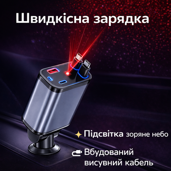 Зарядний пристрій автомобільний ZL-07 із проєктором "Зоряне небо" 120 Вт, USB-A, USB-C, Type-C, Lightning
