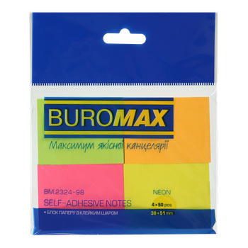 Папір для нотаток Buromax Neon 38 х 51 мм 4 кольори по 50 аркушів клейка смужка (BM.2324-98)