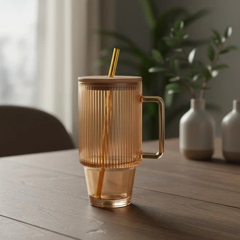 Чашка скляна з бамбуковою кришкою та скляною трубочкою для чаю ICE Tea 750 мл кубок скляний з ручкою для гарячих та холодних напоїв Коричневий прозорий