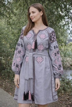 Жіноча лляна сукня-вишиванка, РОЖЕВА ГАРМОНІЯ, 3XL сіро-рожева (91)