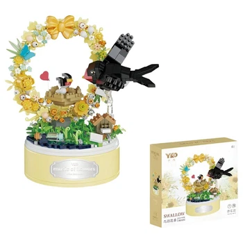 Ju-P1059 Конструктор "Ласточка с цветами", 723 детали, интерьерная 3D модель с музыкальным механизмом, в коробке, Желтый