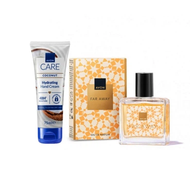 Жіночий парфумований набір 2-в-1 Avon Far Away: Парфумована вода Far Away для Неї 30 мл + Зволожувальний крем для рук Avon Care Coconut Hydrating Hand Cream з маслом кокоса 75 мл