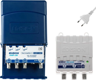 EDISION MAK-300 Mast усилитель антенны 2UHF+1VHF/FM 17–32 дБ 107 дБмВ 24В с фильтром 5G LTE и питанием 24В