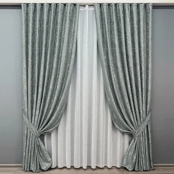 Комплект штор VR-Textil Лен Мрамор 150х270 2шт и Тюль 400х270 1264ш-115т Серый с белым 71-126/3