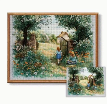 Набор для вышивки крестом JOZYSH «Девочка у ворот», 30х40 см, 14CT, канва Аида с нанесенным рисунком, полная зашивка