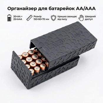 Кейс для зберігання батарейок AA/AAA, органайзер 20×AA і 25×AAA, кришка, міцний пластик 150×60×70 сірий