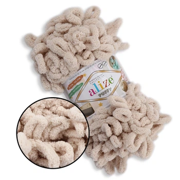 Alize Puffy, Светлый беж №599, 100г/9м – Ализе Пуффи, плюшевая пряжа с готовыми петлями для вязания руками пледов, игрушек и аксессуаров