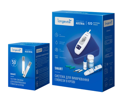 Глюкометр Longevita Smart Система для вимірювання глюкози в крові + Тест смужки 50 шт. (6662662)