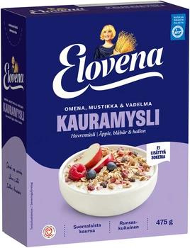 Упаковка Овсяные мюсли цельнозерновые с яблоком, черникой и малиной ELOVENA 475г х 6шт