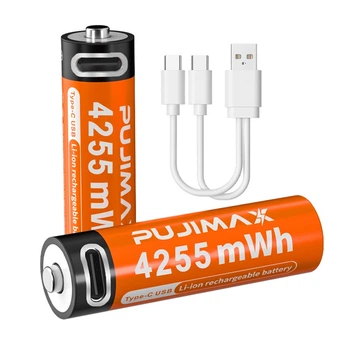 Аккумуляторы пальчиковые AA с входом USB Type-C 4255mWh 1.5V аккумуляторные батарейки с разъемом для зарядки Pujimax 2шт с кабелем