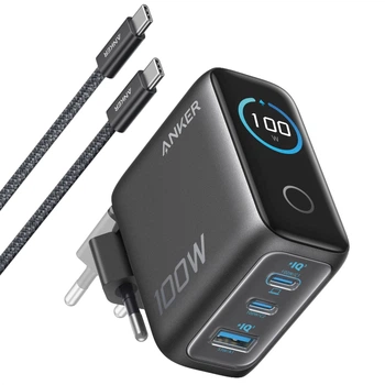 Сетевое зарядное устройство Anker GaN Charger 100W, 2xUSB-C, 1xUSB-A, Display Dark Gray (B121BGZ1) + кабель USB Type-C