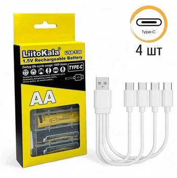 Акумуляторні батарейки AA LiitoKala T36 1.5V 3600mWh з USB Type-C, набір 4 шт + кабель