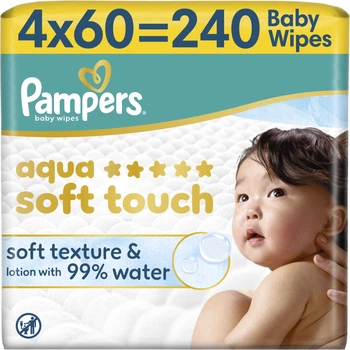Упаковка детских влажных салфеток Pampers Aqua Soft Touch 60 шт х 4 пачки (240 шт) (8006530140027)