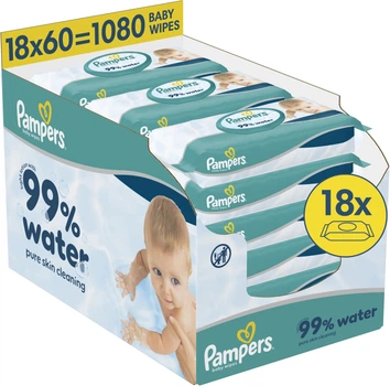 Упаковка детских влажных салфеток Pampers 99% Water 60 шт х 18 пачек (1080 шт) (8006530116374)