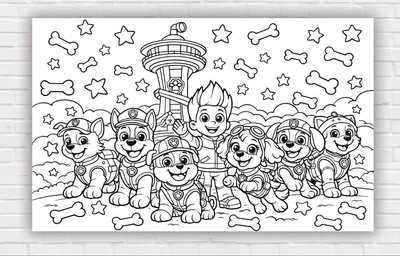 Бумажный плакат - раскраска "Щенячий патруль. Paw Patrol. Команда" размер 120х75см