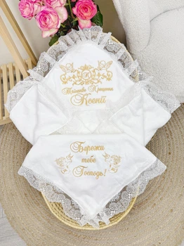 Утеплённая крыжма для девочки Family Tradition велюровая махра с вышивкой и кружевом 100х100 см белая Узоры Крещения