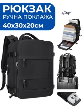 Рюкзак для ручной клади PAKKO 40x30x20 см черный для самолета с USB портом и водонепроницаемой защитой | Для Ryanair Wizz Air | Объем 24 литров с отделением для ноутбука 15.6"