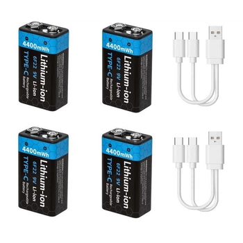 Акумулятори Крона 9V (6F22) з USB роз'ємом 4400mWh Pujimax Black (4 шт + 2 кабеля) (16217-4)