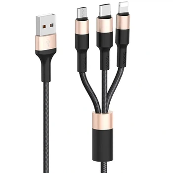 Кабель USB HOCO X26 3in1, USB - Lightning + MicroUSB + Type-C, 2А (1М) (черно-золотистый)