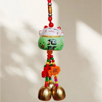 Талисман для привлечения клиентов Манеки Неко Зеленый Колокольчик Фен Шуй подвесной Керамика и 3 металлических колокольчика