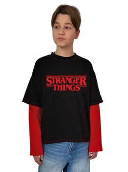 Підлітковий лонгслів для хлопчика Спиногриз Stranger things лого СПИ-09272 червоний з чорним 140 см